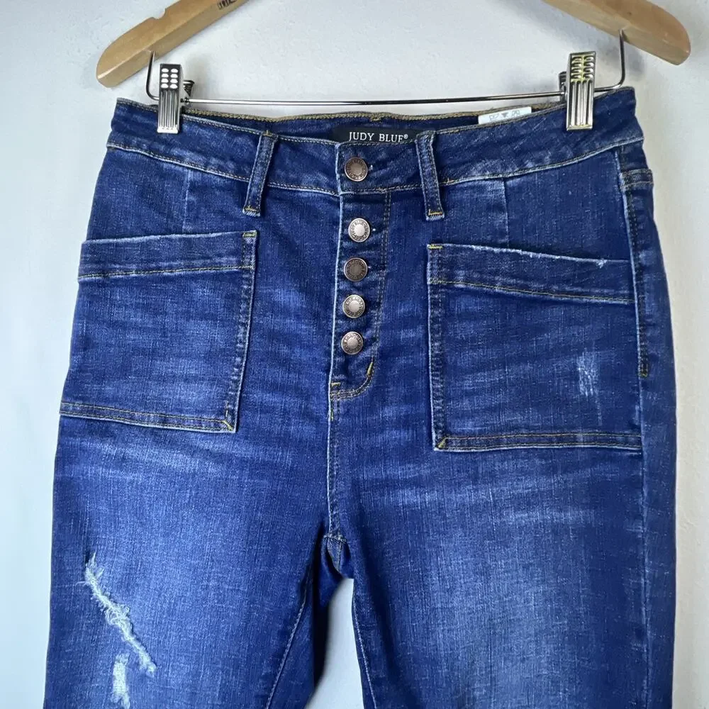 Judy Blue Skinny Fit Size 9 / 29 Button Fly Front Pocket Blue Jeans distressed - Picture 4 of 12